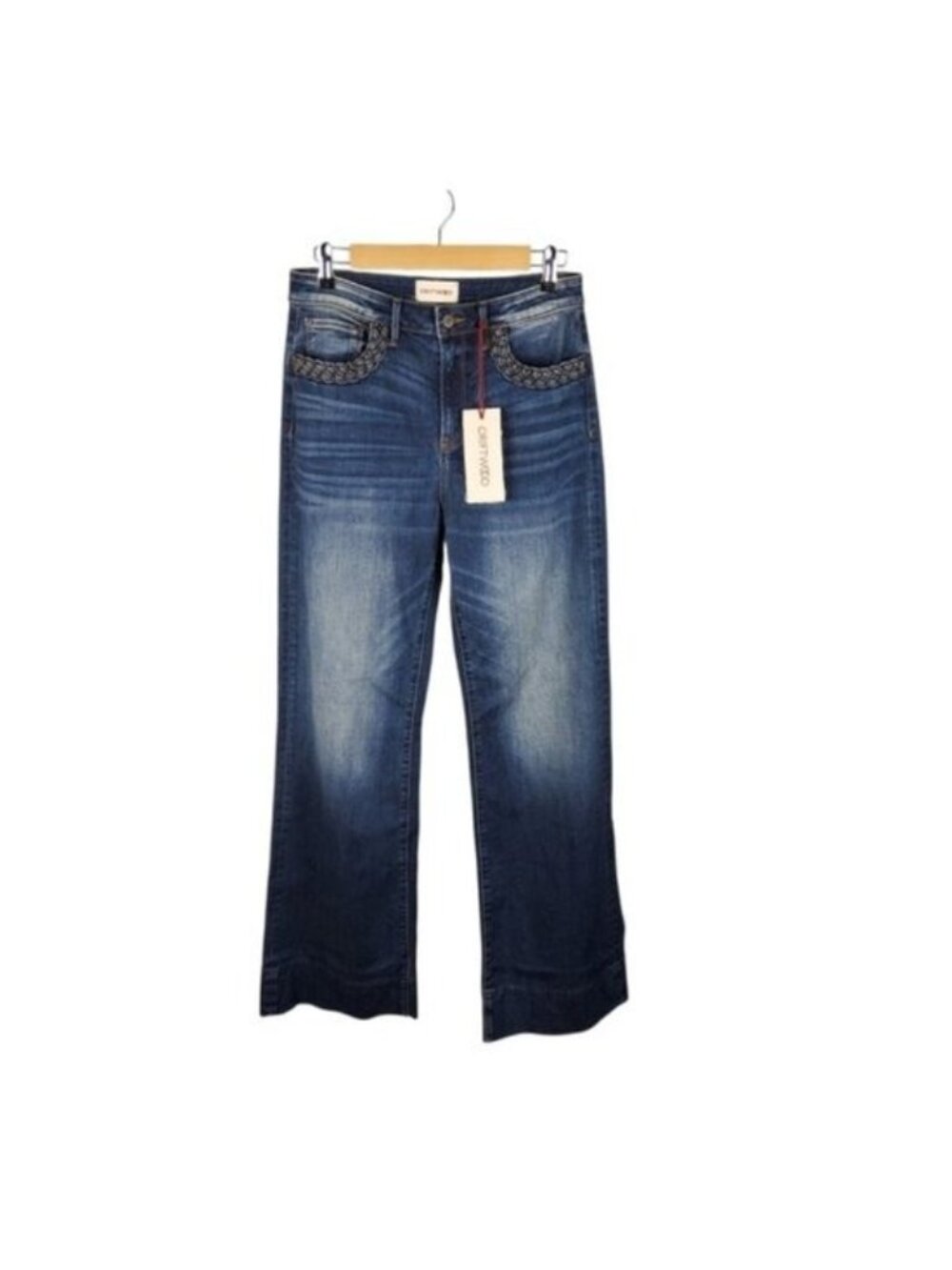 DRIFTWOOD Charlee Women's Dark Blue Flare Jeans with Braided Pocket Detail 28